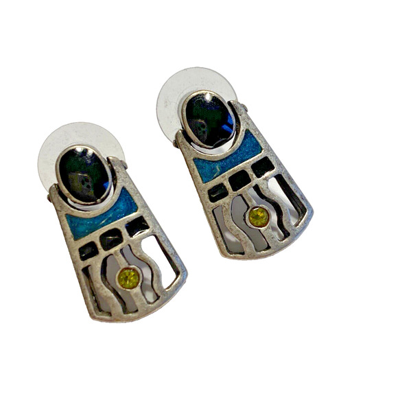 Chico's Chic Pierced Earrings Boho Artisan Stylized Black & Teal Enamel Accents - Picture 1 of 5